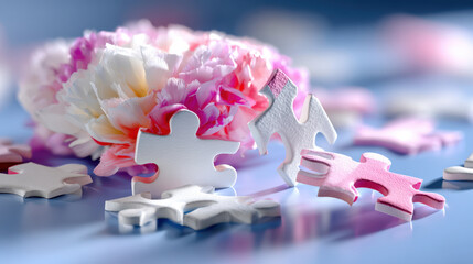 Brain puzzle pieces scattered on blue surface with flower accents - flat illustration