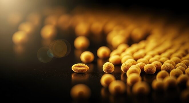 A close-up of a single yellow pea on a dark surface with a blurred background of more yellow peas.