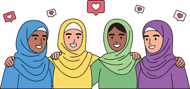 Diverse group of women wearing hijabs standing together in unity symbolizing social equity