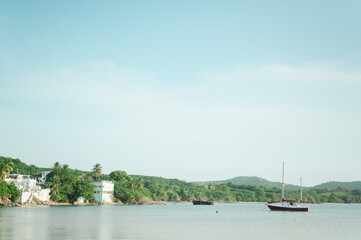 Fototapeta premium Sailboat anchored near lush shoreline and buildings in Vieques
