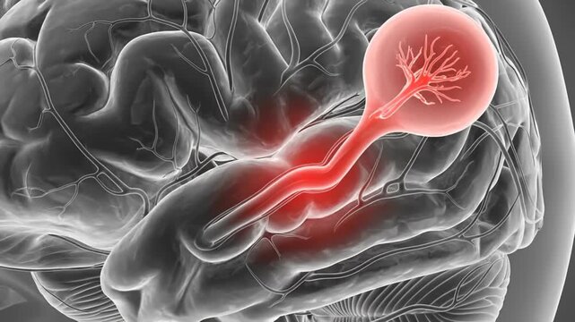 Detailed medical illustration of a human brain with a specific region highlighted in red and pink to represent a neurological issue or pain.