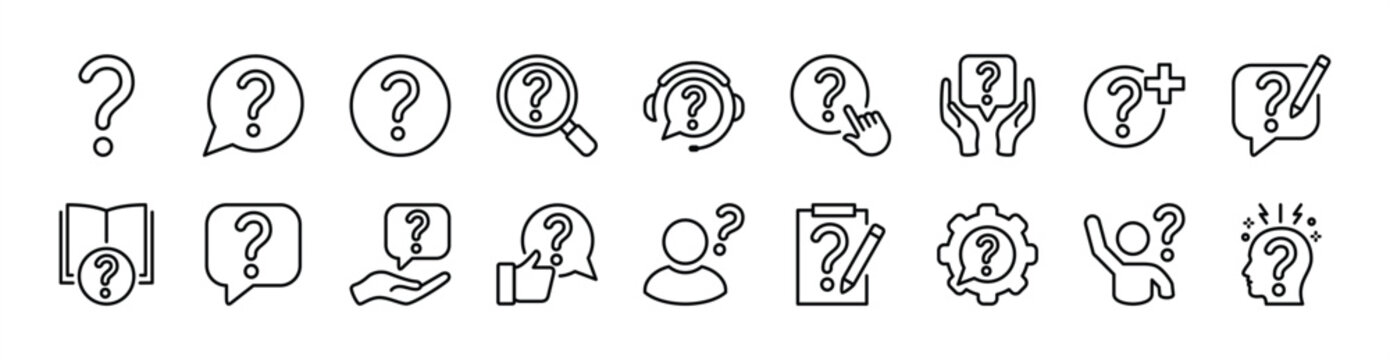 Question mark thin line icon button set. Contains asking, confusion, query, information, FAQ, help, support, advice, guide, researching, conversation problem, quiz - vector illustration