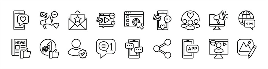 Social media icon set. Contains business marketing, website, advertising, online communication, news, share, app, streaming, community, message, blog, verified profile - vector illustration