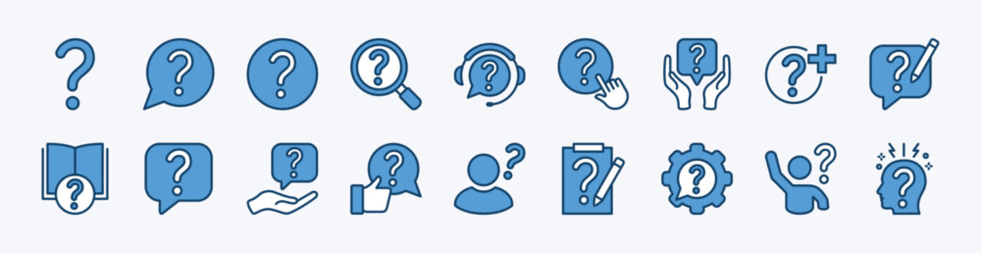 Set of question mark icon button. Contains asking, problem, confusion, query, information, FAQ, help, support, advice, guide, researching, conversation, quiz, write - vector illustration