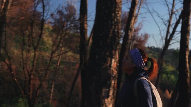 Woman walking among trees and climbing the mountain.