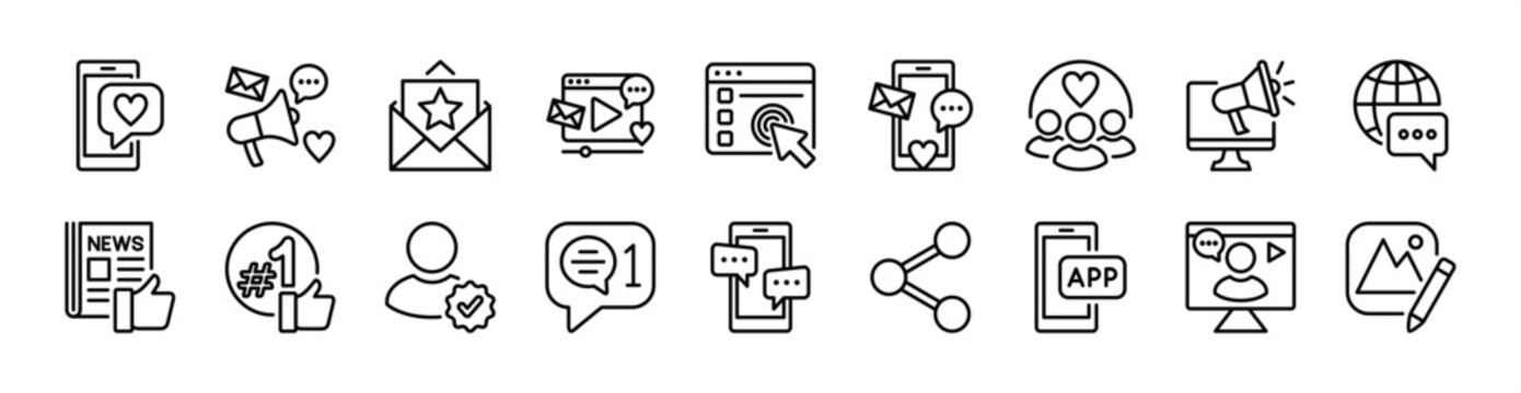 Social media icon set. Contains business marketing, website, advertising, online communication, news, share, app, streaming, community, message, blog, verified profile - vector illustration