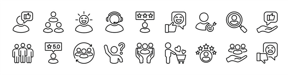 Customer, client and user thin line icon set. Contains feedback, service, satisfaction, support, search, target, review, question, experience, repeat, comment, shopping, community. Vector illustration