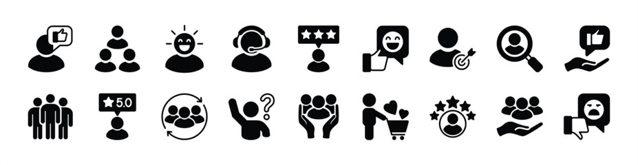 Customer, client and user icon vector set. Contains feedback, service, satisfaction, support, search, target, rating, review, question, experience, repeat, comment, shopping, community - illustration