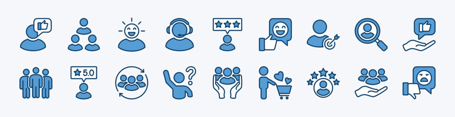 Set of customer, client and user icon. Contains feedback, service, satisfaction, support, search, target, rating, review, question, experience, repeat, comment, shopping, community - vector