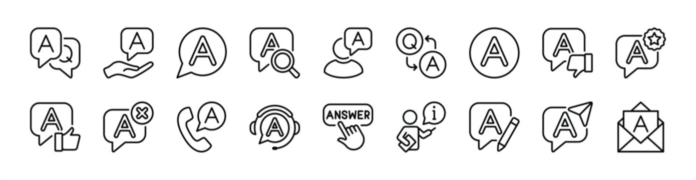 Question and answer thin line icon set. Contains give, search, button, favorite, good, bad, click, write, send, information, support, service, help, call center, assistant - vector illustration