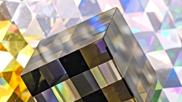 A geometric abstract image depicting a cube-like object with a checkerboard pattern and a reflective backdrop
