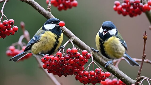 Two great tits perch on a rowan branch one eating a berry amidst clusters of red berries against a soft green backdrop