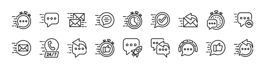 Quick and fast response time thin line icon set. Contains message, chat, mail, feedback, reply, answer, 24 hours call center for social media. Stopwatch with speech bubble and checkmark
