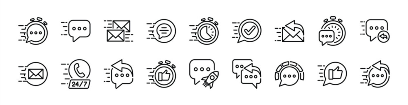Quick and fast response time thin line icon set. Contains message, chat, mail, feedback, reply, answer, 24 hours call center for social media. Stopwatch with speech bubble and checkmark