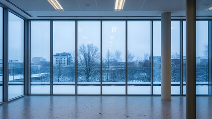シンプル設計のガラス面室内空間
