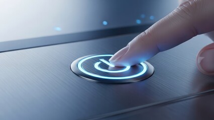 Close-up of a finger pressing an illuminated power button on a brushed metal surface