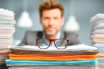 Reviewing financial report amid cluttered workspace with glasses on papers Generative AI