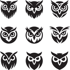 Collection of various owl face designs and silhouettes
