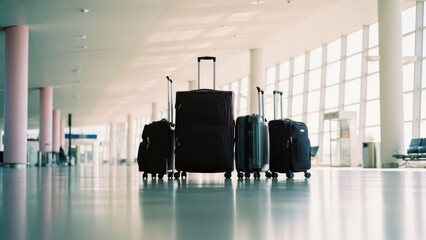 Four rolling suitcases in a bright airport terminal, ready for travel