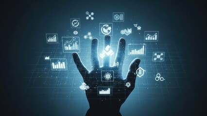 Glowing hand reaching towards floating data icons against a grid backdrop, digital interface