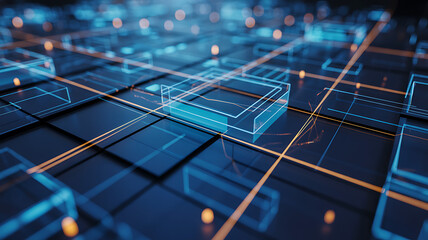 Virtual Reality Environment with Transparent 3D Cubes and Glowing Grid Lines for Metaverse and Data Concepts