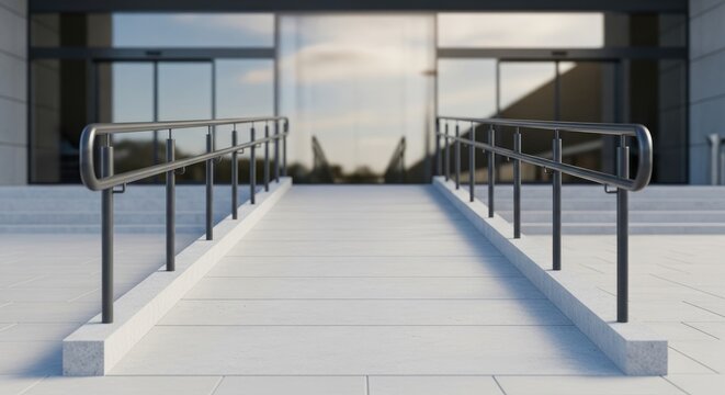 A modern, glass-fronted building with a wheelchair ramp leading up to the entrance.