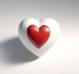 Minimal romantic background with one soft red heart on white surface, natural shadows, clean composition