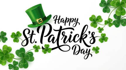 St patricks day greeting with happy st patricks day text a green hat and many shamrocks scattered around the lettering