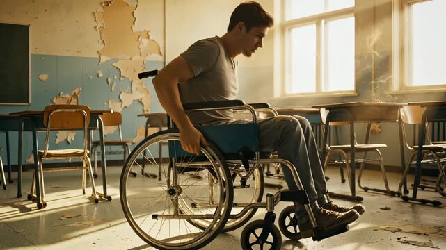 Man sits in wheelchair inside abandoned classroom. Student in wheelchair faces empty classroom alone. Disabled man waits in damaged school. Wheelchair user alone in abandoned classroom room.