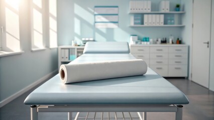 Empty examination couch covered with crisp white paper in a medical room