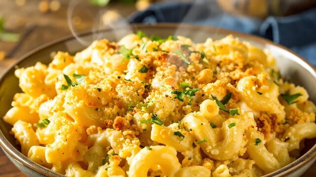Close-up of a steaming bowl of macaroni and cheese with a golden breadcrumb topping