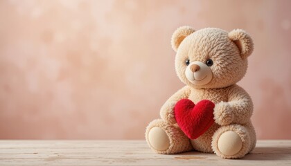 Obraz premium Adorable stuffed bear holding a red heart on a wooden surface