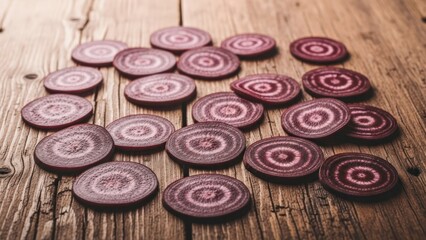 Sliced red beets, circular patterns, on a weathered, textured wooden surface