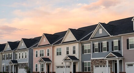 Row of modern townhouses in pastel colors at sunset