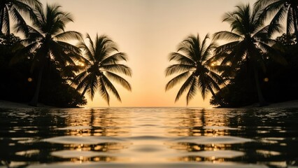 Symmetrical beach scene with palm trees silhouetted against a setting sun reflecting on water