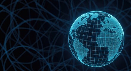 A blue and white globe with a grid pattern, set against a dark background with abstract lines.