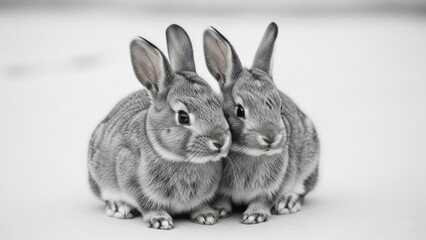 Obraz premium Two fluffy grey bunnies huddle together on a snowy white ground, ears perked