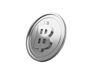 Shining silver Bitcoin crypto coin. Digital currency illustration.