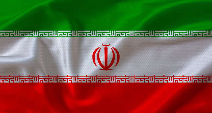 Close up of flag of Iran with cloth texture. Iranian flag with fabric texture waving