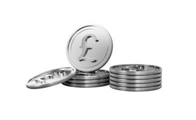 Metallic 3D render of British Pound coins, finance, wealth concept.