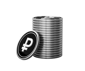 Shining silver Russian Ruble coins stacked, representing finance and wealth.