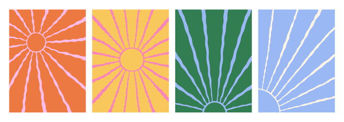 Groovy Sun Background Bundle with Wavy Abstract Burst. Vector Organic Sunbust Pattern Set. Retro Cute Color Graphic Print. Wavy Sun Shape Posters Groovy Bg.