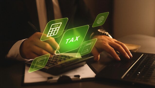 Business professional calculating taxes on laptop with digital finance icons