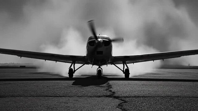 Black and White Front View of a Small Propeller Airplane Sitting on the Runway Preparing for Takeoff