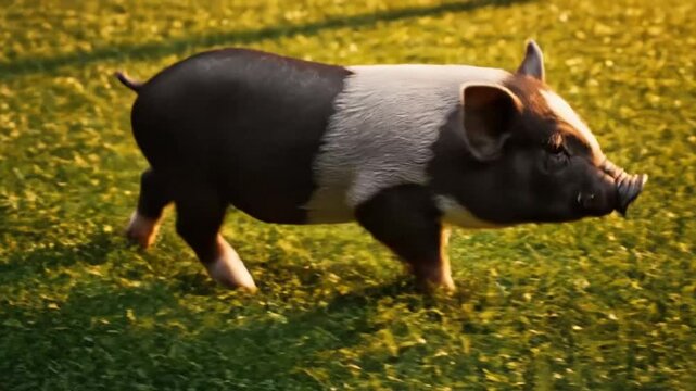 Adorable black and white potbelly piglet walking on lush green grass in warm sunlight outdoors