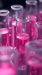 Close-up view of pink liquid in test tubes, showcasing scientific experimentation in a laboratory setting