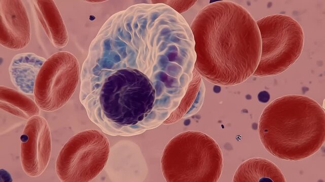 Detailed microscopic view of human blood cells including red blood cells white blood cells and platelets floating in plasma against a soft pink background.