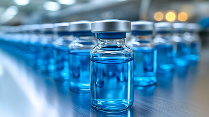 Rows of clear glass vials filled with vibrant blue liquid, set in a sterile laboratory environment with soft lighting