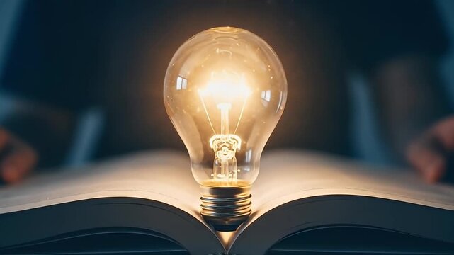 Illuminated Light Bulb on Open Book Symbolizing Knowledge and Innovation.