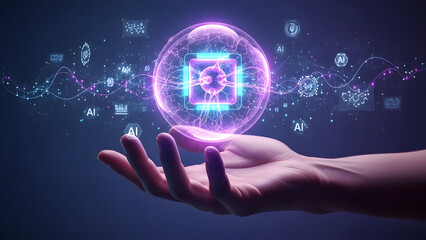 Futuristic digital intelligence concept with a glowing AI processor held in a human hand, representing advanced computing and innovative technology